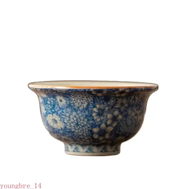 1Pc Chinese Ru Kiln Blue and Flower Tea Cup Handmade Flowers Tea Bowl Teacup