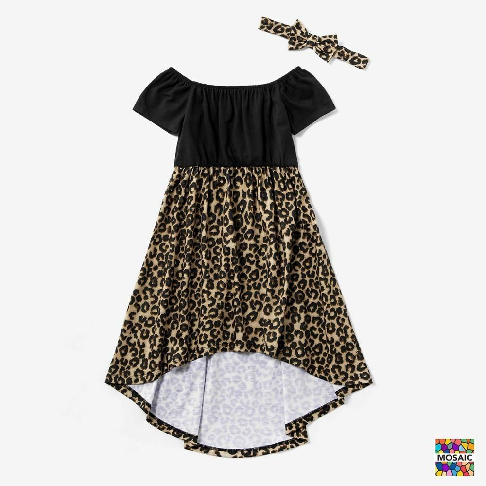 Dresses Summer Mosaic Mommy Off Shoulder Leopard Pattern Sisters Romper Family