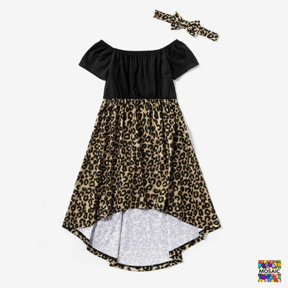 Dresses Summer Mosaic Mommy Off Shoulder Leopard Pattern Sisters Romper Family