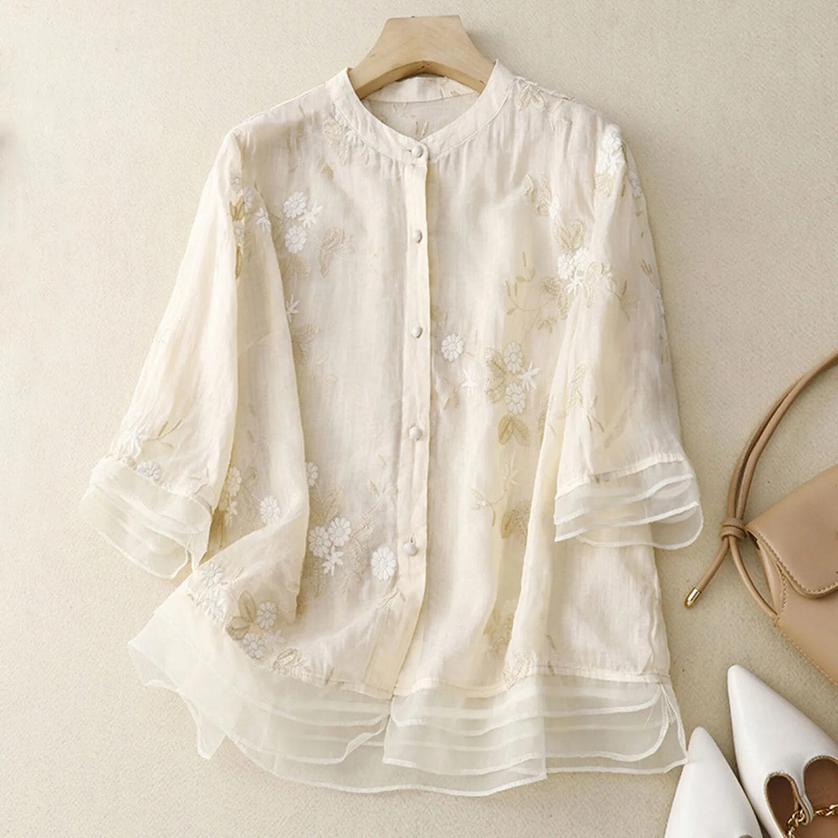 Women'S Cotton Linen Floral Shirts Embroidery Chinese Style Loose Blouse