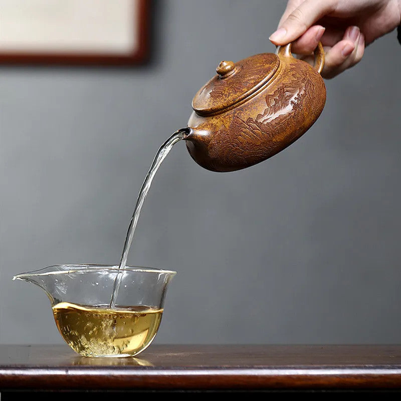 Yixing Handmade Teapot Hand-carved Landscape Pattern Kettle Chinese Zisha TeaSet