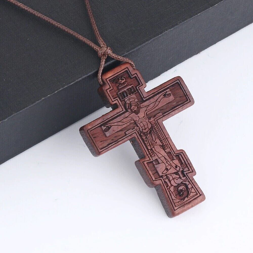 Wooden Cross Jesus Christ Religious Crucifix Christian Orthodox Pendant Necklace