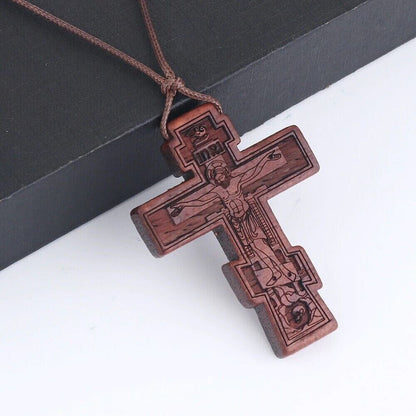 Wooden Cross Jesus Christ Religious Crucifix Christian Orthodox Pendant Necklace