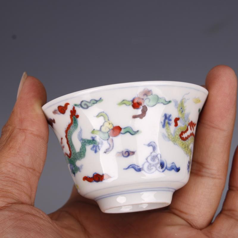 2.8" China Ming Blue White Doucai Contrasting Colors Porcelain Animal Dragon Cup
