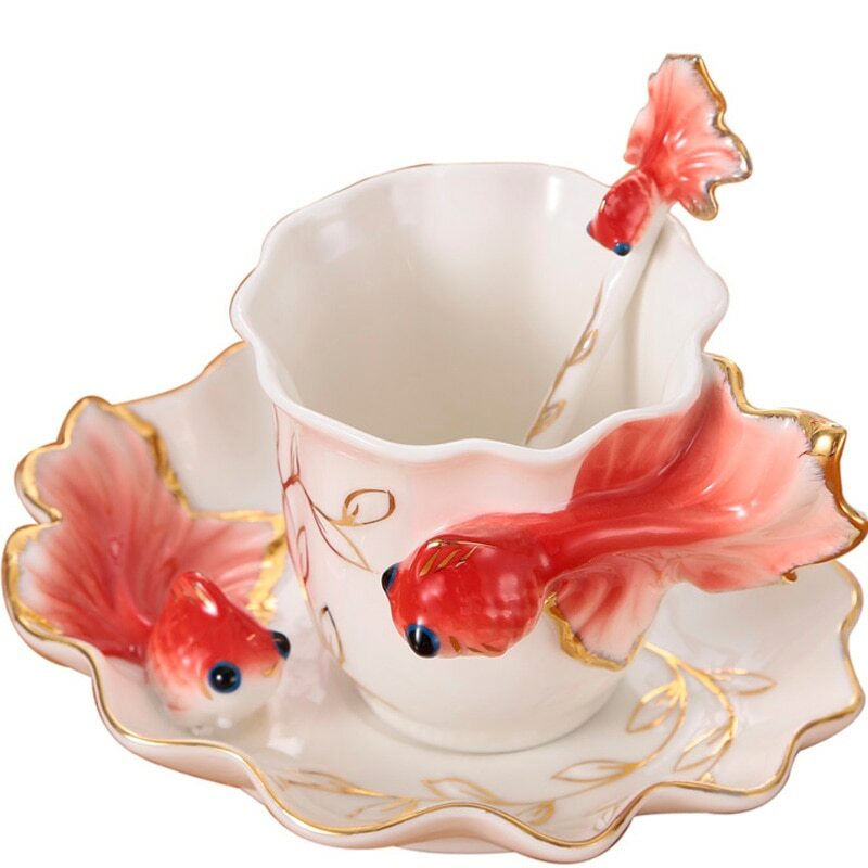 200ml 3D Goldfish Coffee Mugs Bone China Tea Cups Dish Spoon Creative Coffeeware