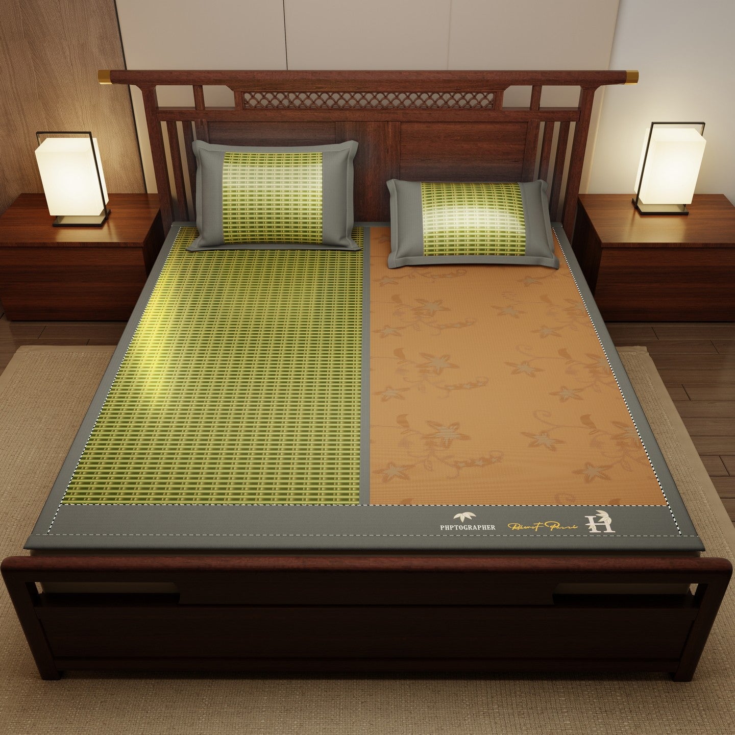 Bamboo Bed Mat Summer Accessories Folding Double Faces Bamboo & Rattan Green