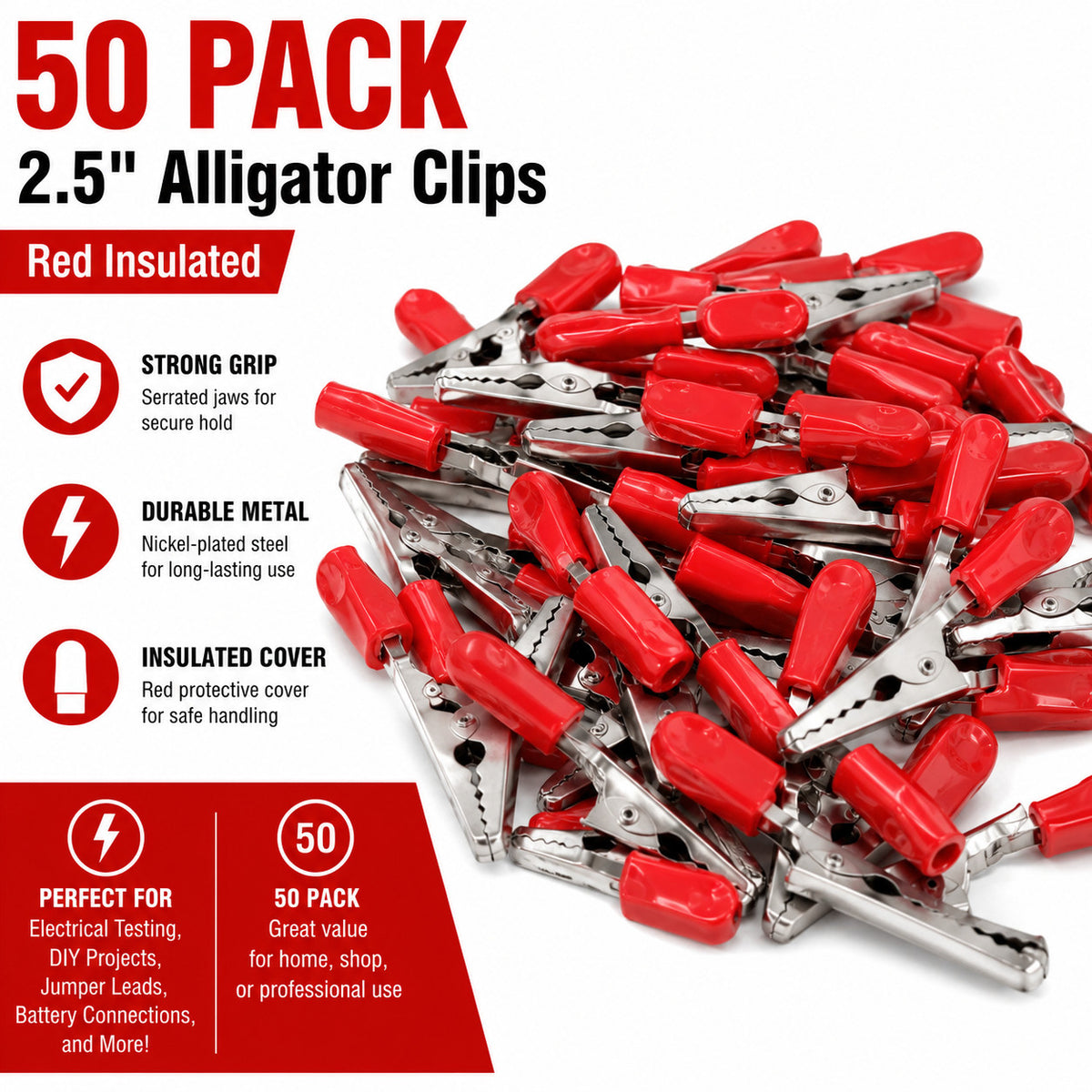 Red Alligator Clip Screw Type with Insulated Handle, 2.5" Long50 Pack