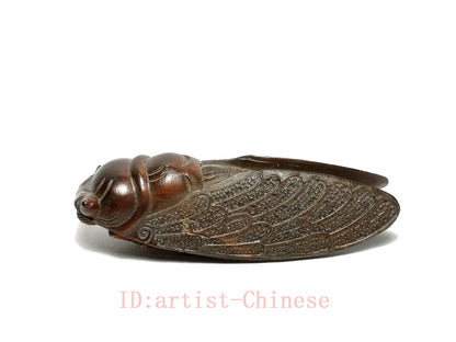 Chinese boxwood hand carved cicada Figure statue netsuke collectable hand piece