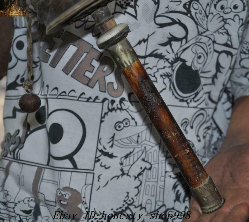 14.8'' old Tibetan Buddhism Tibetan silver Cowhide wood scriptures Prayer wheel