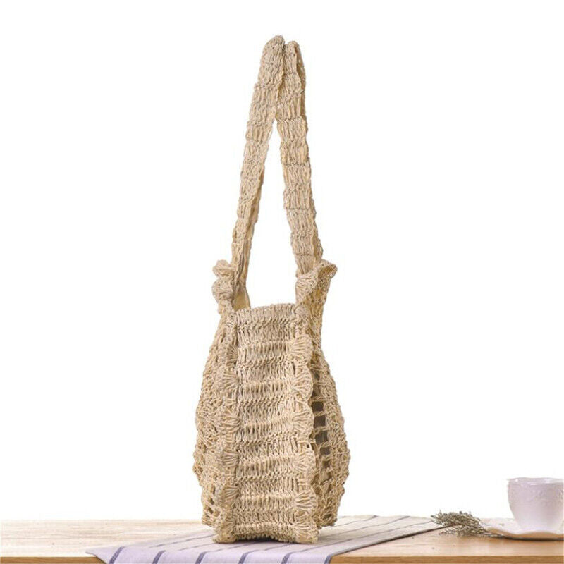 Womens Hollow-out Crochet Round Soft Straw Beach Bags One-Shoulder Shopping Bags