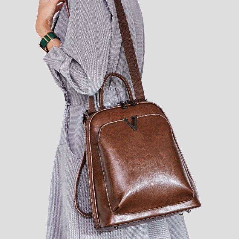 Oil Wax Genuine Leather Backpack Crossbody Shoulder Bags Cowhide School Daypack
