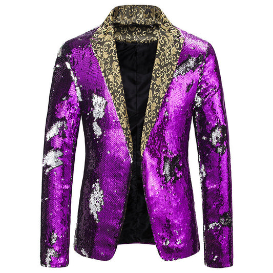 Men Floral Sequin Blazer Suit Jacket Coat One Button Party Clubwear Singer Shiny