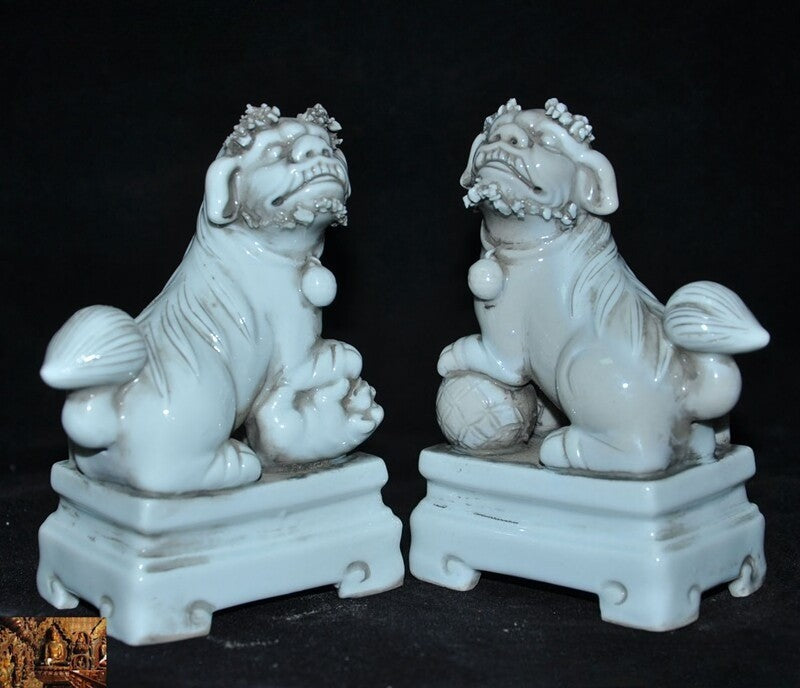 5" China Old Dehua White Porcelain Glaze Fu Foo Dog Lion Beast Statue Pair