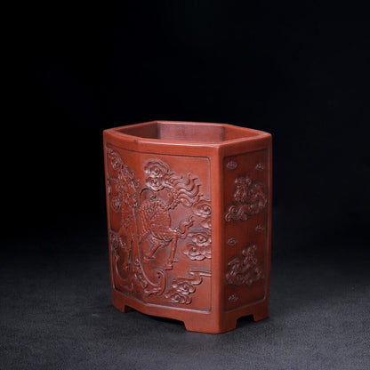 Chinese Yixing Zisha Clay Handmade Exquisite pen holder（笔筒 底款：铁画轩）