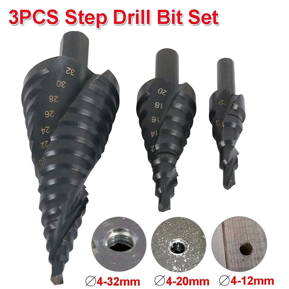 3Pcs HSS Step Drill Bit Set Large Cone Titanium Bit Set 6/8/10mm Shank