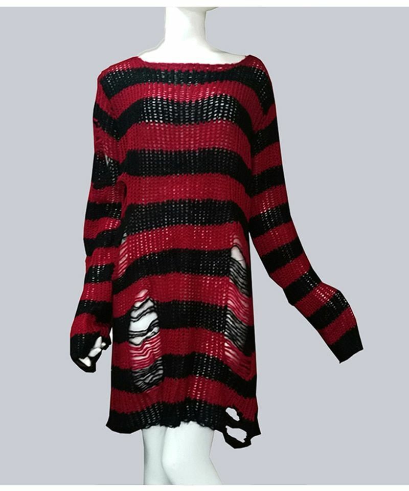 Unisex Sweater Plus Size Punk Long Dress Hollow Hole Broken Jumper Loose Thin