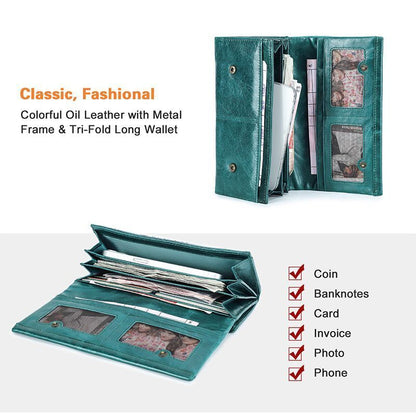 Wallet Metal Frame Genuine Leather Purse Hasp Zipper Coin Pocket Card Holder Bag