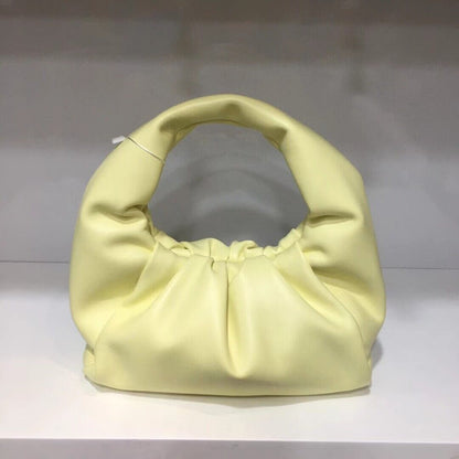 Small Mini Real Leather Ruched Tote Pouch bag Purse Clutch Clip on Top Handle