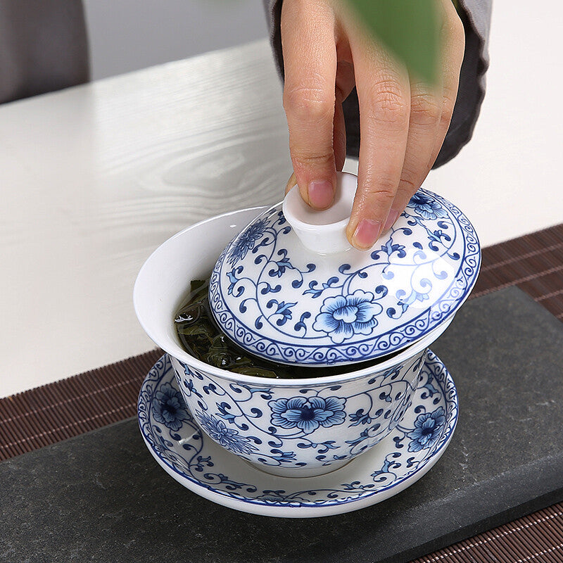 4.72" Gaiwan Blue And White Porcelain Tureen Cup Bowl For Green Tea Saucer Lid