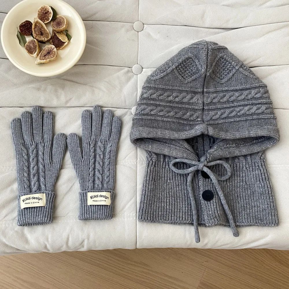 Women Winter Knitted Hat Gloves Set Warm Thicken Imitation Cashmere Scarf Shawls