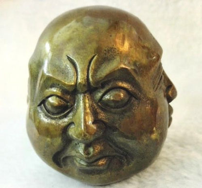 OLD SIGNED BRONZE Carved Buddhism Buddha Head Sculpture Statue 4 Faces