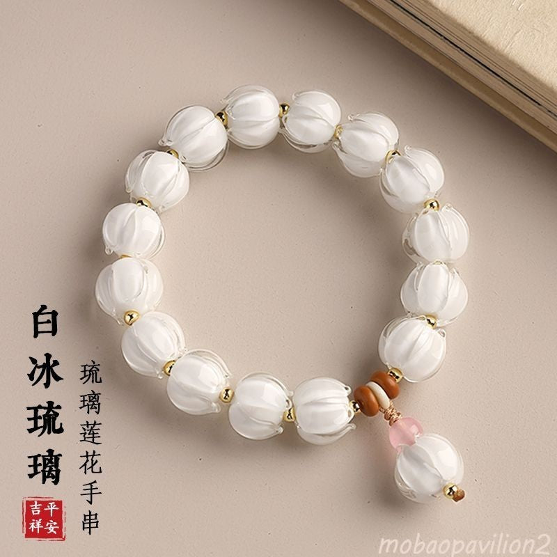 New Style Women Single Strand Ice White Glass Lotus Bracelet