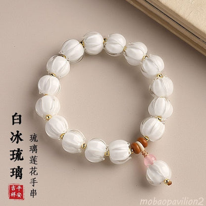 New Style Women Single Strand Ice White Glass Lotus Bracelet