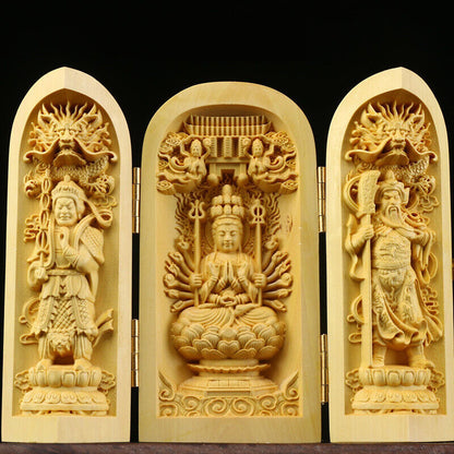 Buddha Statue Carved Wooden Sculpture Decor Three Open Box Home Ornaments NEW
