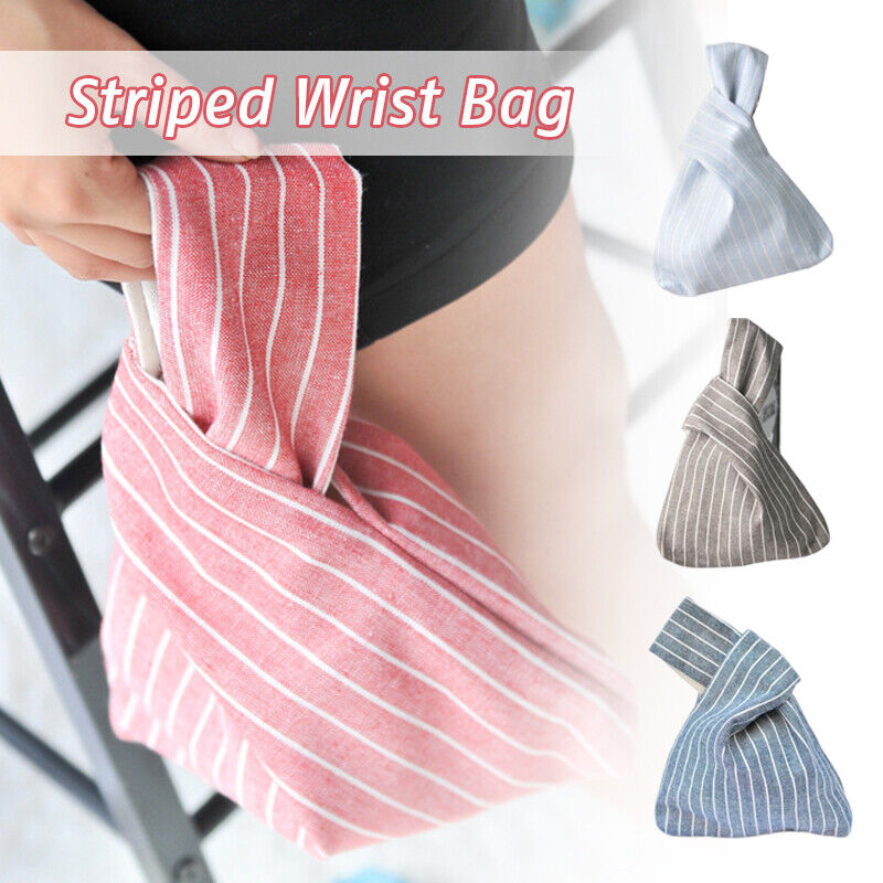 Women Portable Knot Wrist Bag Janpanese Stripe Bag Purses Phone Key Coin Pouch