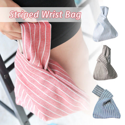 Women Portable Knot Wrist Bag Janpanese Stripe Bag Purses Phone Key Coin Pouch