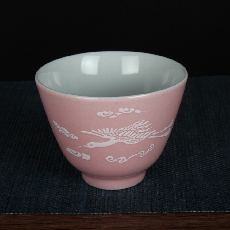 3" Collection Chinese Jingdezhen Porcelain Pink Glaze Animal Crane Cup