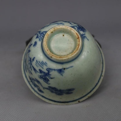 3.15 Inch Chinese Ming Blue and White Porcelain Deer Crane Design Teacup Cup
