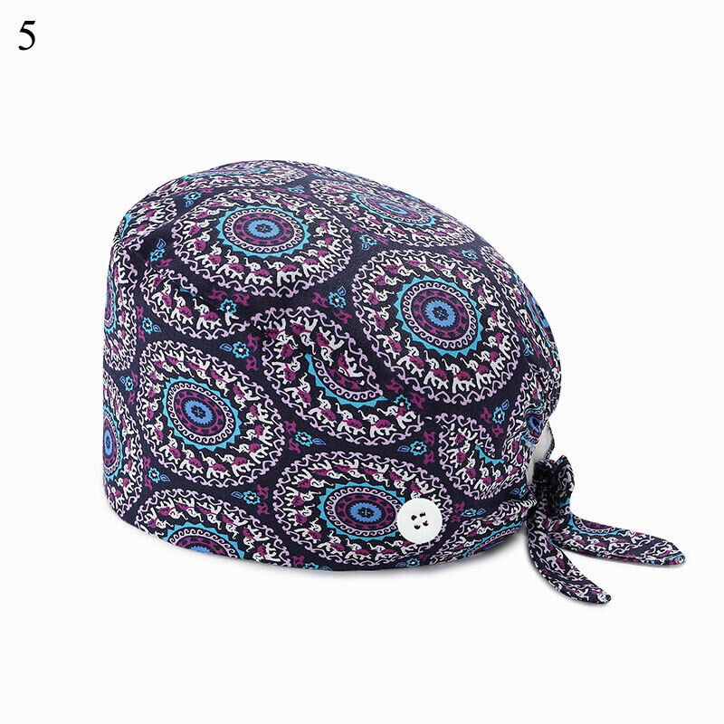 Unisex Surgical Scrub Cap Doctor Nurse Cotton Cartoon Adjustable Hats Buttons
