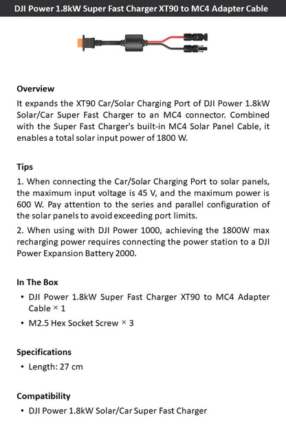 DJI Power 1.8kW XT90 to MC4 Adapter Cable for Solar/Car Charger