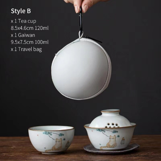 Lovely Cat Portable Travel Tea Set with Travel Case