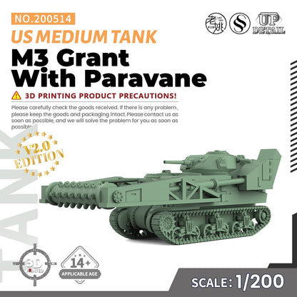 SSMODEL SS200514 1/200 Military Model Kit US M3 Grant With Paravane Medium Tank