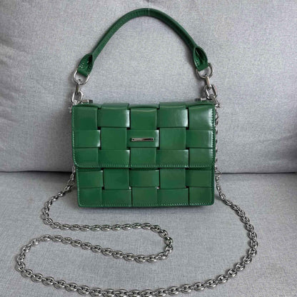 Woven Leather Small Flap Purse Chains Satchel Mini Tote Crossbody Shoulder Bag