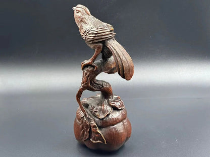 Chinese Antique Boxwood Carved Magpie Statue Exquisite Sculpture Home Decor Art