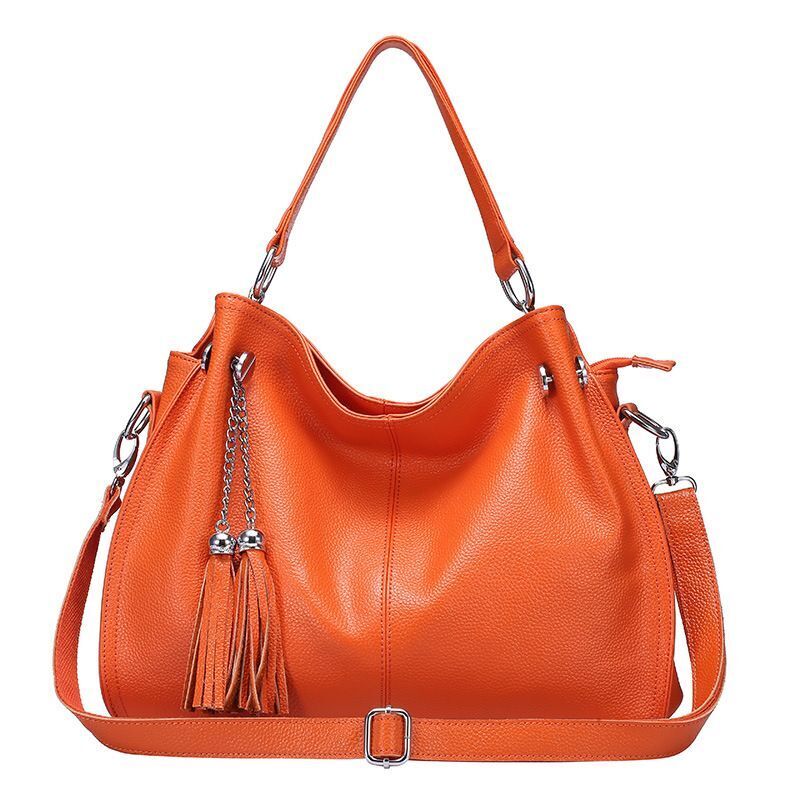 Yellow Blue Tassel Cowhide Leather Handbag Large Soft Leather Tote Shoulder Bag