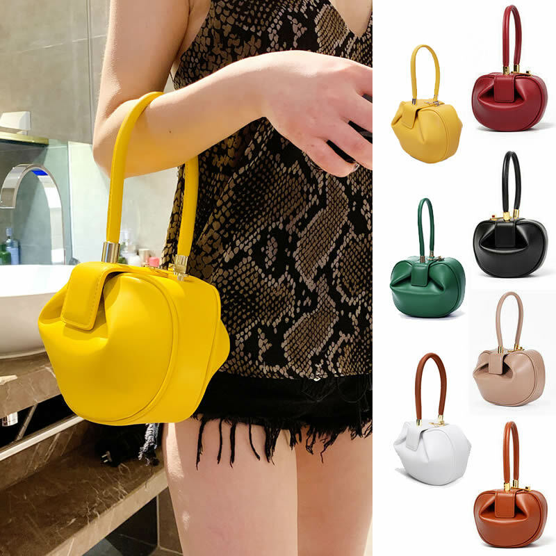 Real Leather Wonton Round Pouch Clutch Purse Top Handle Tote Handbag Grab Bag