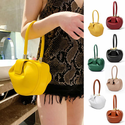 Real Leather Wonton Round Pouch Clutch Purse Top Handle Tote Handbag Grab Bag