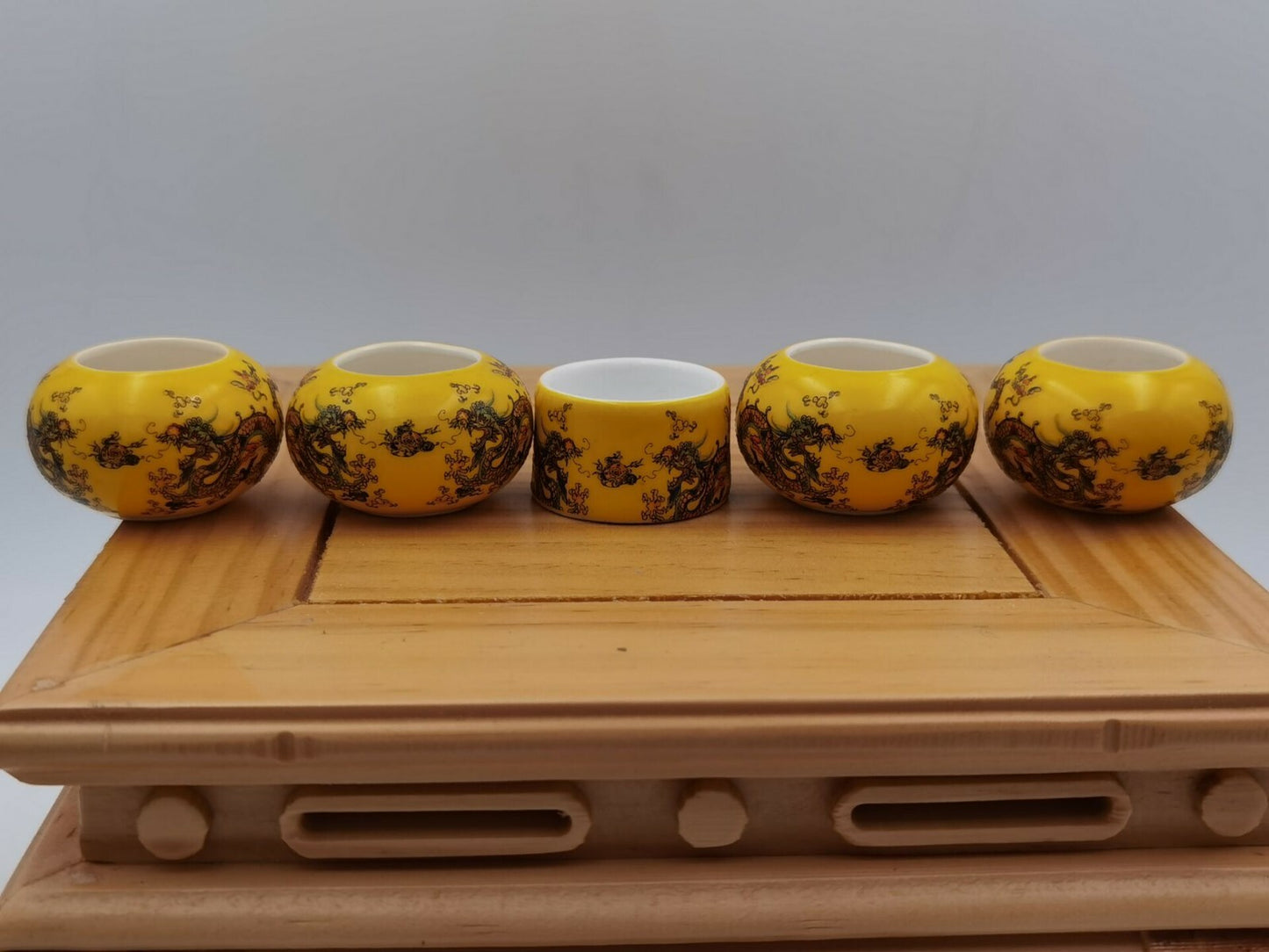 1set 5pcs Asian Bamboo Bird Cage Dragon Yellow Ceramics Cups