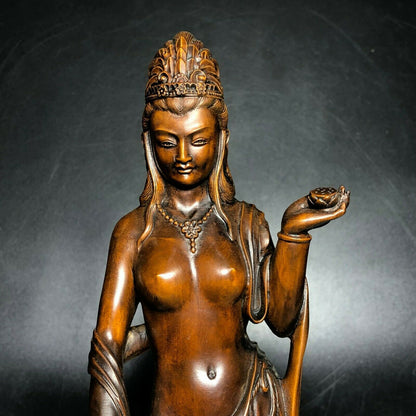 Chinese Boxwood Wood Hand Carved Buddhism Guanyin Kwan-yin Goddess Statue