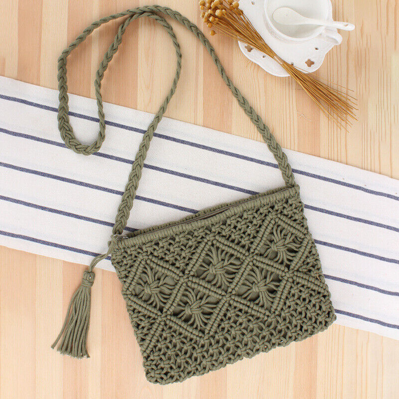 Boho Woven Handbag Women Summer Beach Cotton Tassel Bag Rattan Shoulder Ladies
