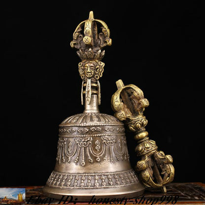 Tibetan Buddhism Bronze Gilt Buddha Head Bells Phurpa Vajra Dorje Phurpa