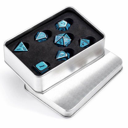 Set of 7 Metal Dice Set with Storage Box - Turquoise with Gunmetal Numbers