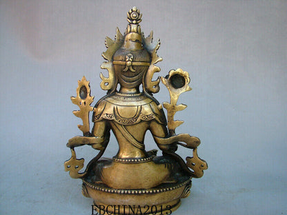 9" Tibet Bronze Gilt Green Tara Mahayana Buddhism Enlightenment Goddess Statue