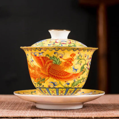 Ceramics Sancai Gaiwan Bowl Dragon and Phoenix Tea Cup Handmade Enamel Color