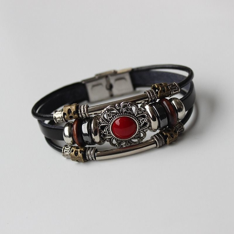 Retro Leather Layered Bracelet Red Stone Skull Mag Clasp Couple Jewelry