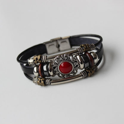 Retro Leather Layered Bracelet Red Stone Skull Mag Clasp Couple Jewelry